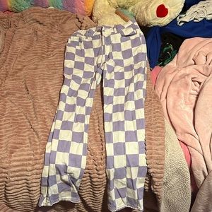 shein purple and white checkered jean pants